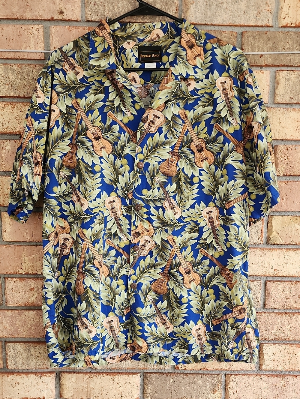 Hawaiian Flavor Brand Size Large Guitar Print‎ Button-Up Shirt - Blue & Green